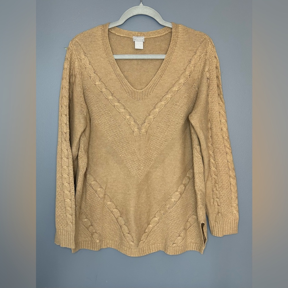 Chicos‎ 2 Sweater Tunic Womens L Beige Cotton Cashmere V Neck Soft Cable Knit